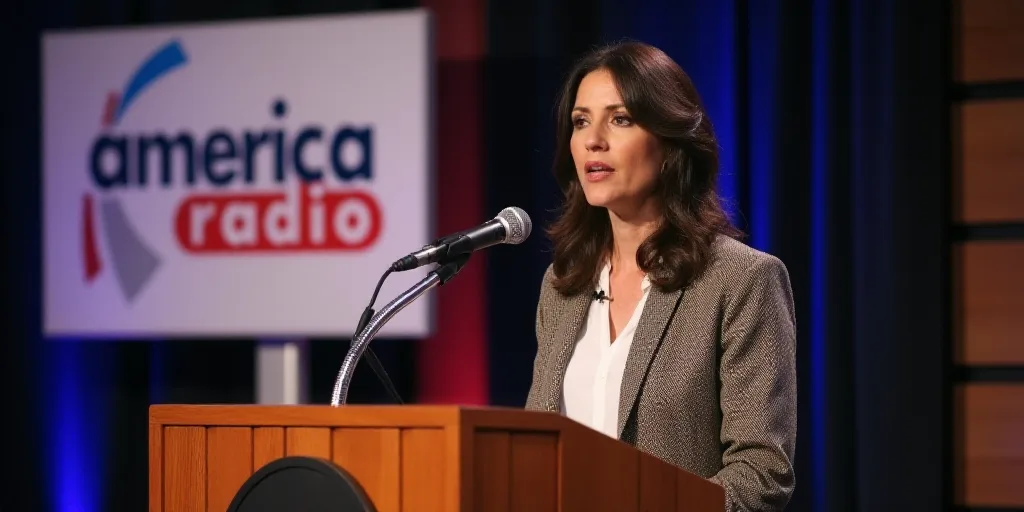a woman standing at a podium with a microphone in front of her and a sign behind her that says ameri