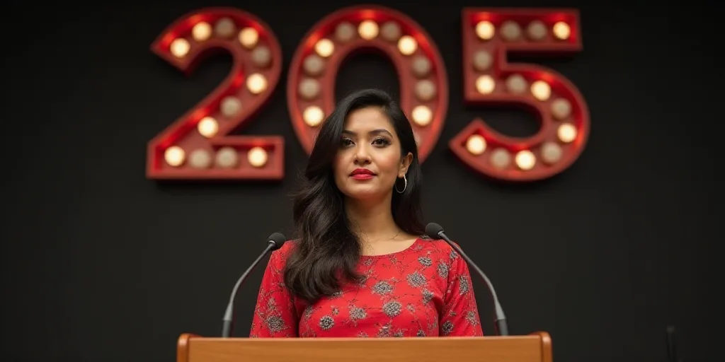 a woman standing at a podium with a microphone in front of her and a banner behind her that says 205