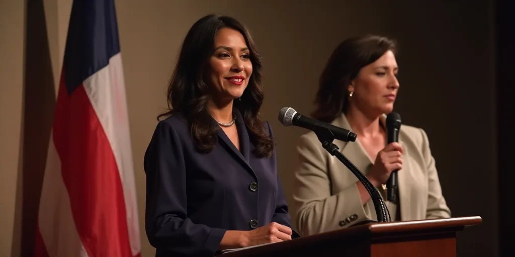 a woman standing at a podium with a flag behind her and a picture of a woman holding a microphone, A