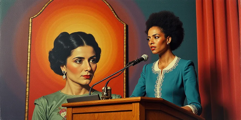 a woman standing at a podium with a microphone in front of her and a picture of a woman behind her,