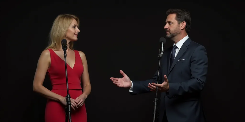 a woman standing behind a microphone with a man in a suit and tie standing behind a microphone with