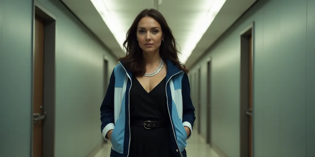 a woman standing in a hallway with a blue and white jacket on and a black dress on and a white neckl