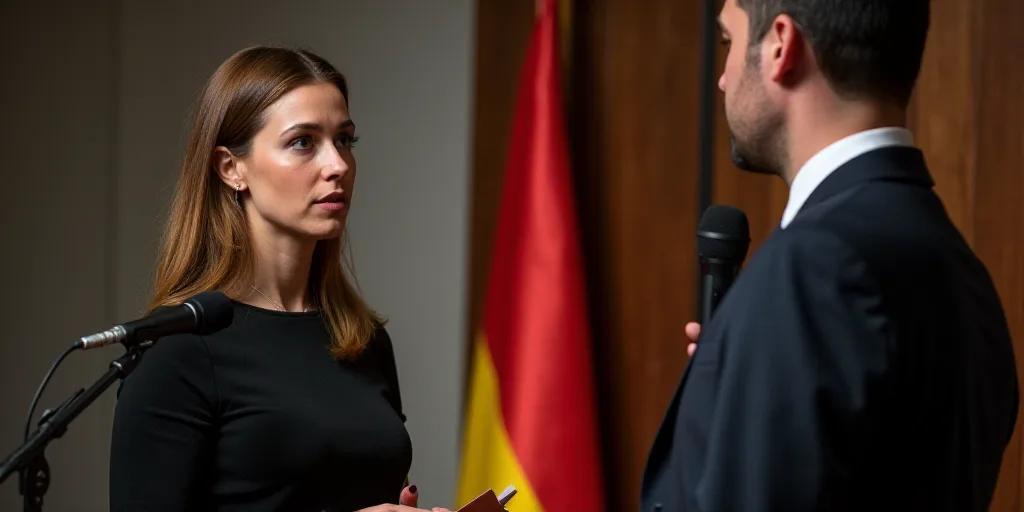 a woman standing in front of a flag and a microphone in front of her is a man in a suit, Adrienn Hen