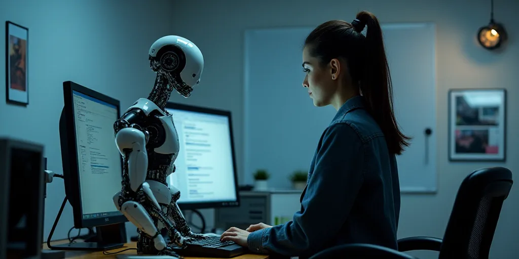 a woman standing in front of a computer with a robot on it's desk next to a computer monitor, Andrie