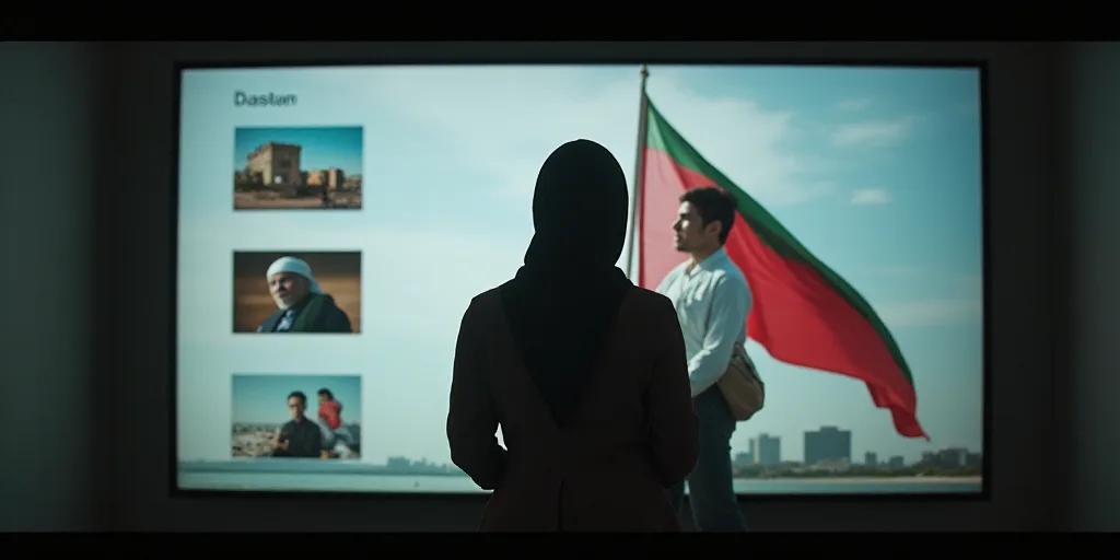 a woman standing in front of a large screen with pictures on it and a flag in the background with a