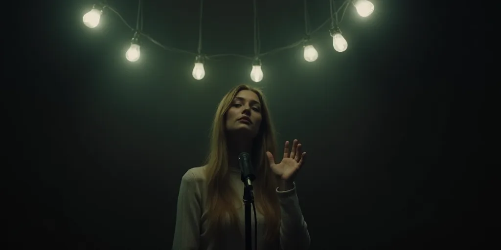a woman standing in front of a microphone in a dark room with lights on the ceiling and a hand up, A