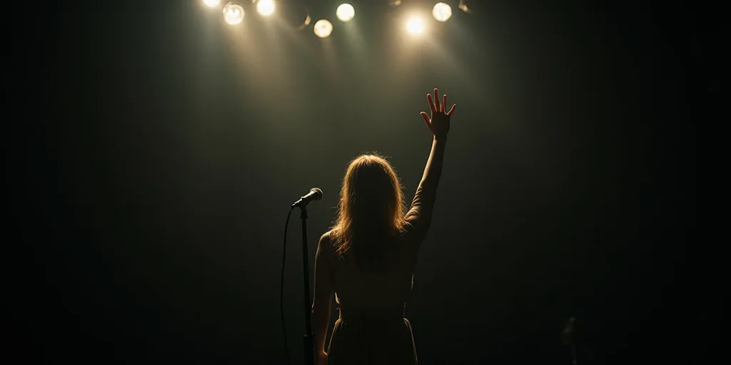 a woman standing in front of a microphone in a dark room with lights on the ceiling and a hand up, A