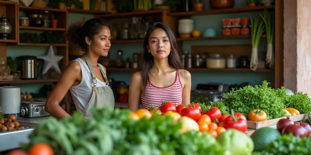 a woman standing in front of a counter filled with vegetables and fruit on it's sides as another wom