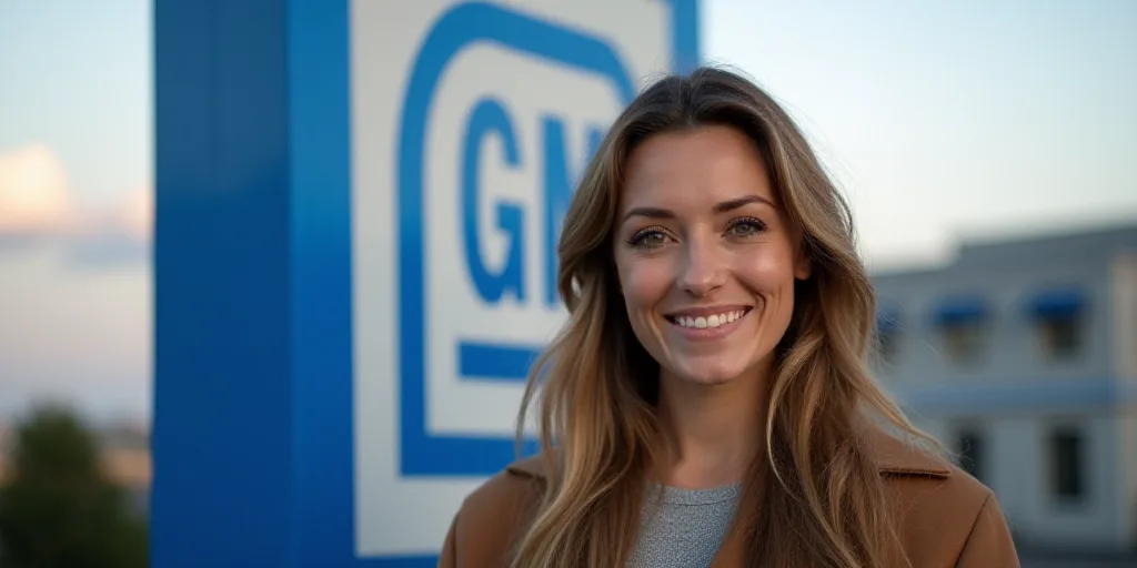 a woman standing in front of a sign that says general motors on it's side and smiling at the camera,