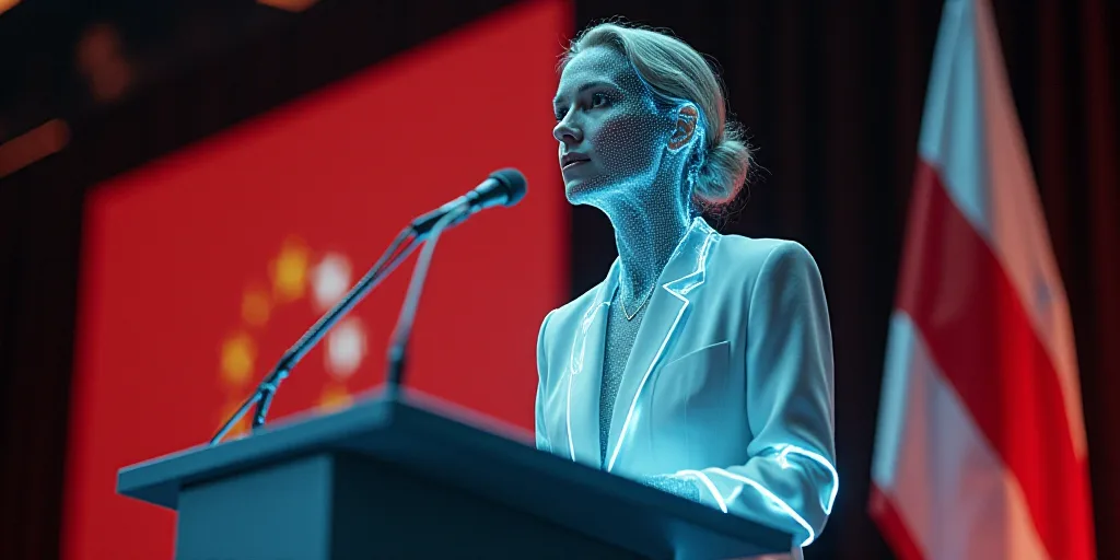 a woman standing in front of a flag giving a speech at a podium with a microphone in front of her, A
