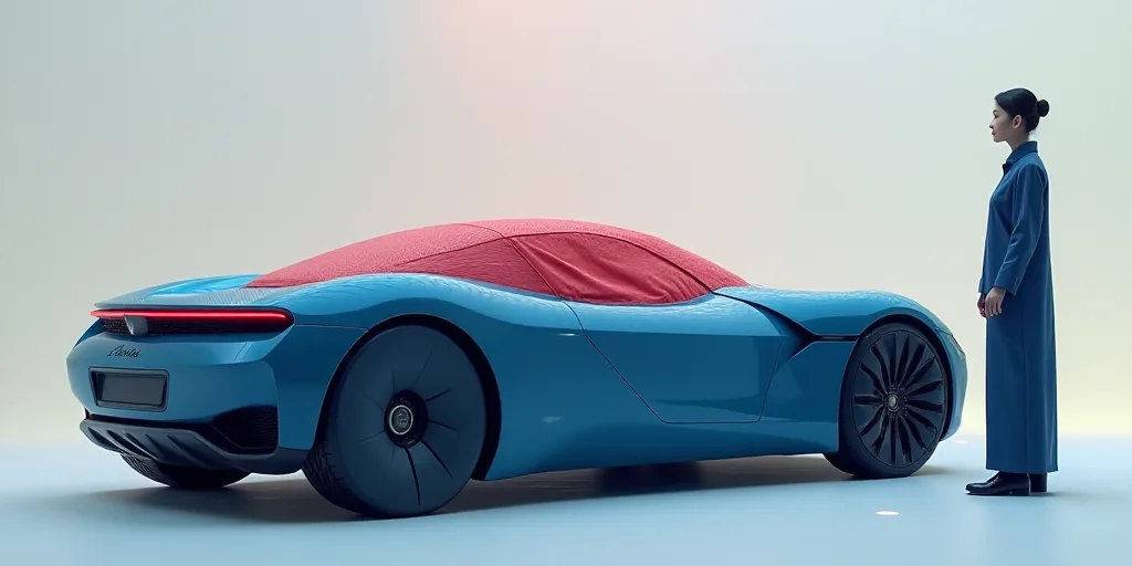a woman standing next to a blue car with a red covering on it's hood and a man standing next to it,