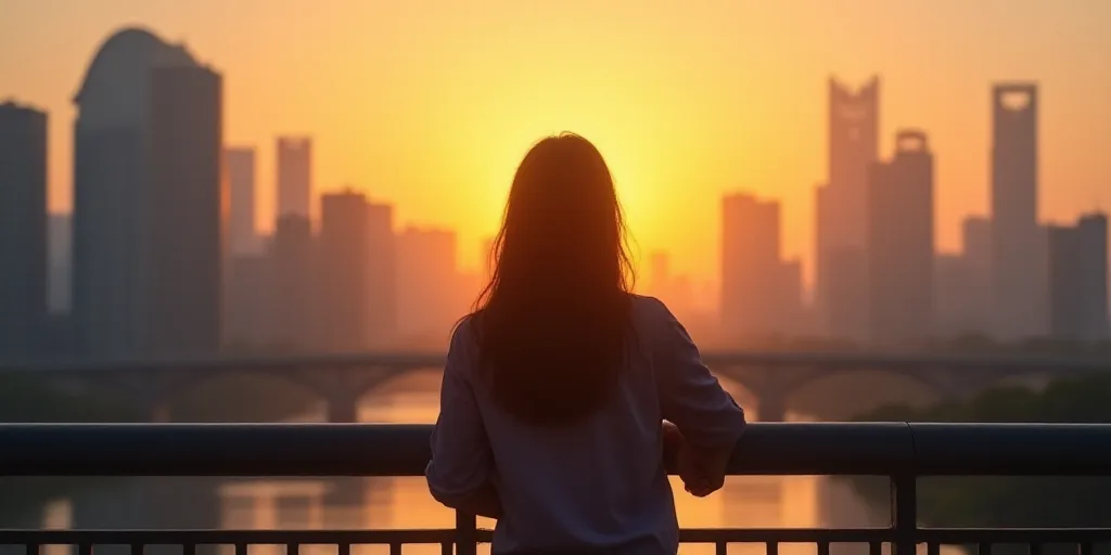 a woman standing on a bridge in front of a city skyline at sunset or dawn with a bright yellow light
