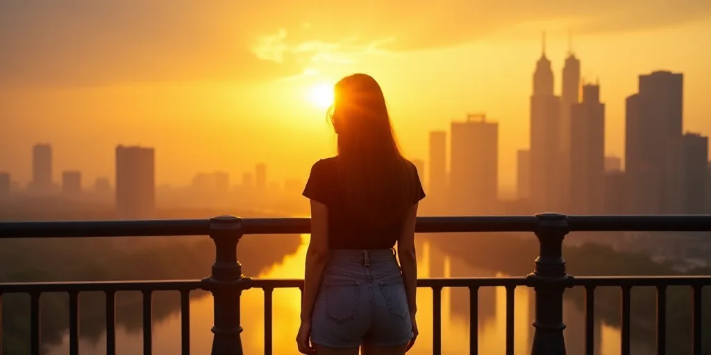 a woman standing on a bridge in front of a city skyline at sunset or dawn with a bright yellow light