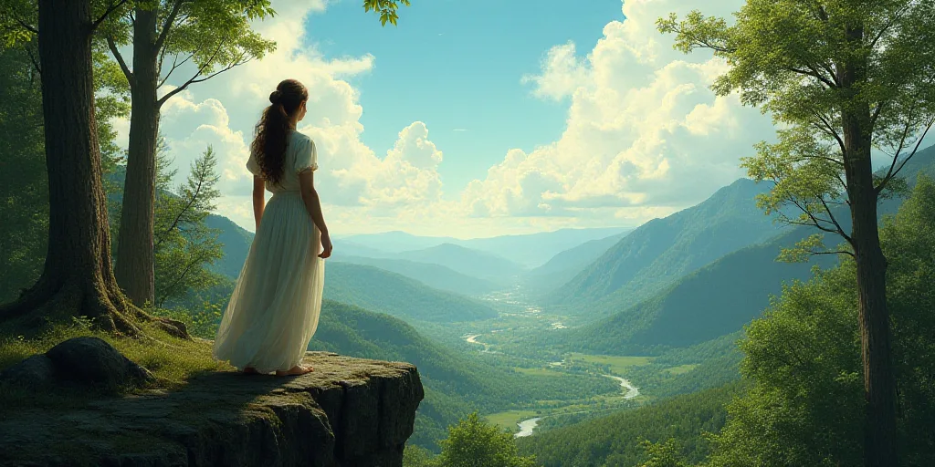 a woman standing on a ledge looking out over a forest area with trees and a sky background, with a v