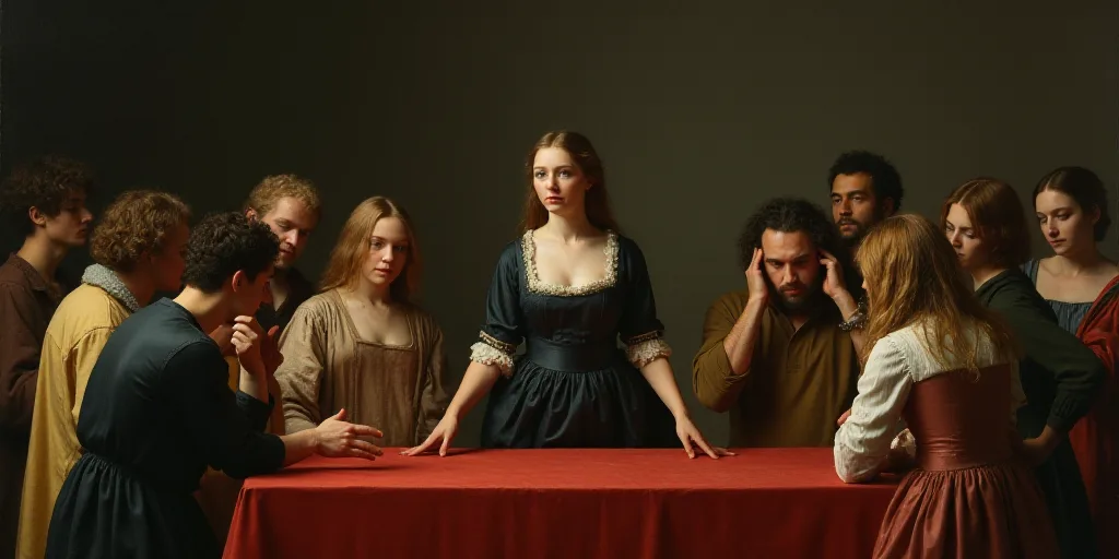 a woman standing over a table with a group of people around it and a man holding his head in his han