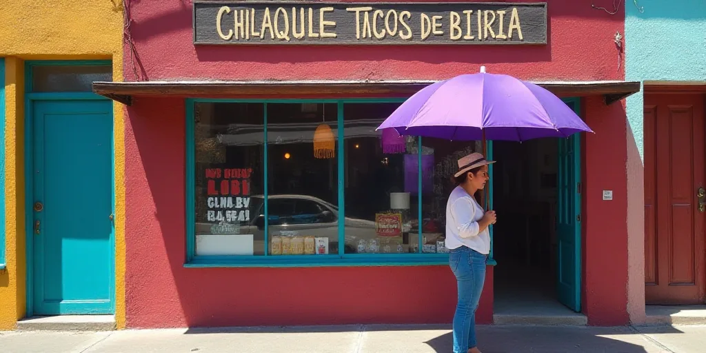 a woman standing under a purple umbrella in front of a building with a sign on it that says, chilaqu