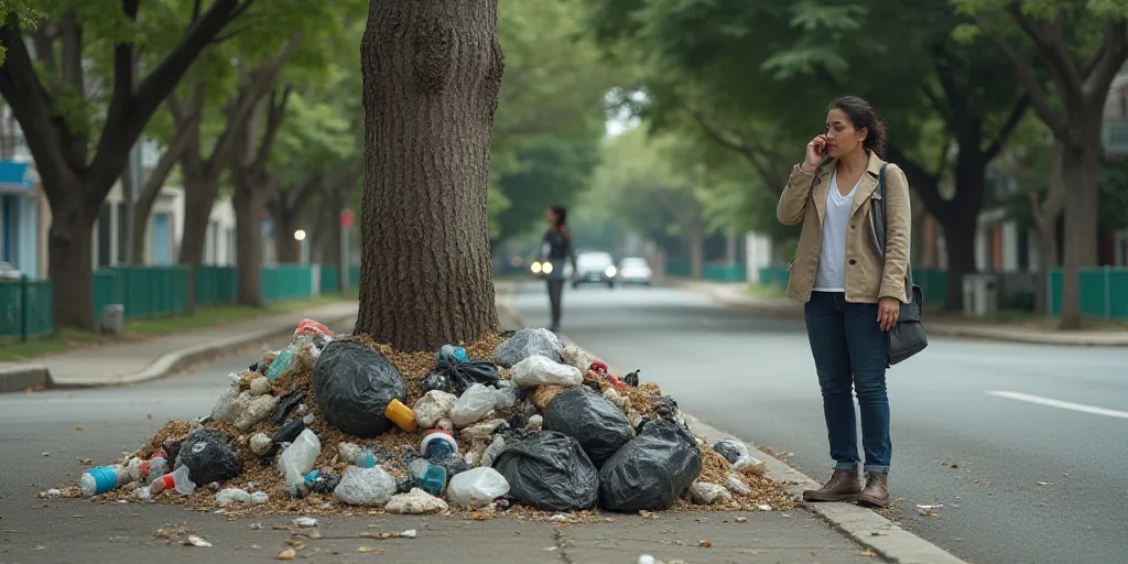 a woman talking on a cell phone next to a pile of trash on a street corner with a woman standing nex