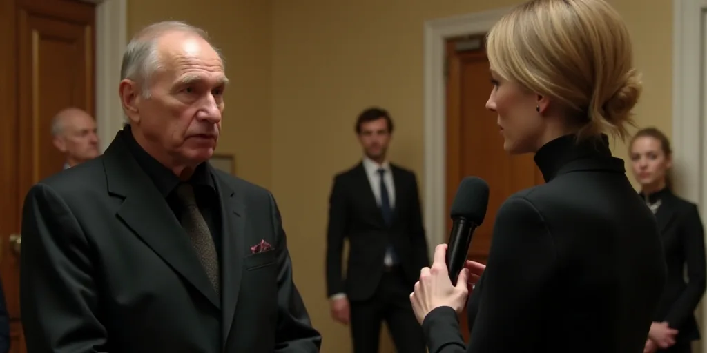 a woman talking to an older man in a room with other people in the background and a microphone in hi