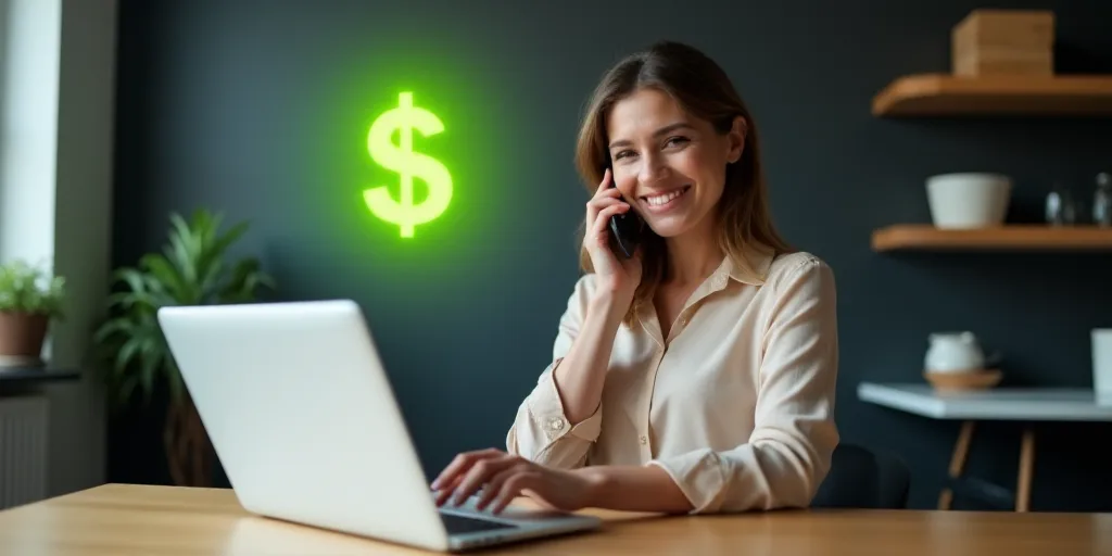 a woman using a cell phone while sitting at a table with a laptop and a money symbol above her, Andr