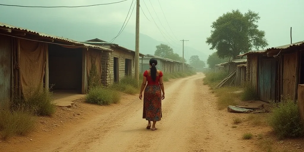 a woman walking down a dirt road past a shack and shacks in a village with a dirt road, Estuardo Mal