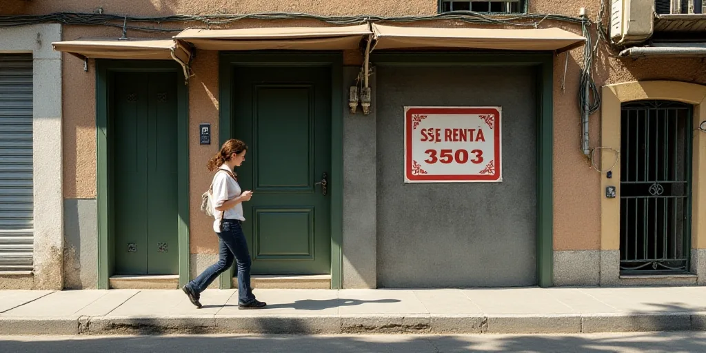 a woman walking down a sidewalk past a building with a sign on it that says se renta 3500 - 3503, Ce