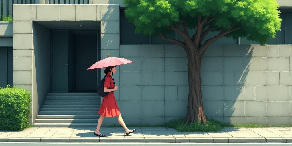 a woman walking down a street holding an umbrella in front of a building with a large stone wall and