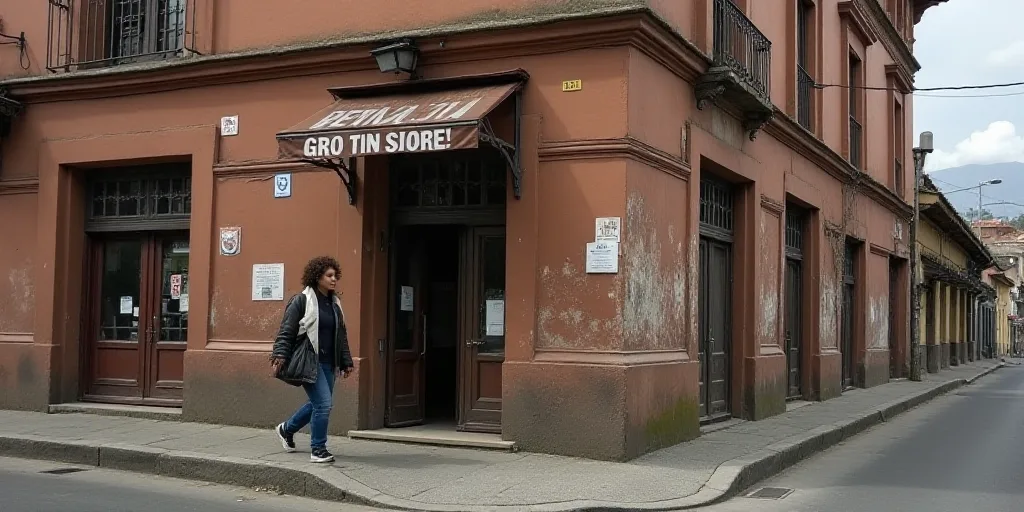 a woman walking down a street past a brown building with signs on it's side and a sign for a rental