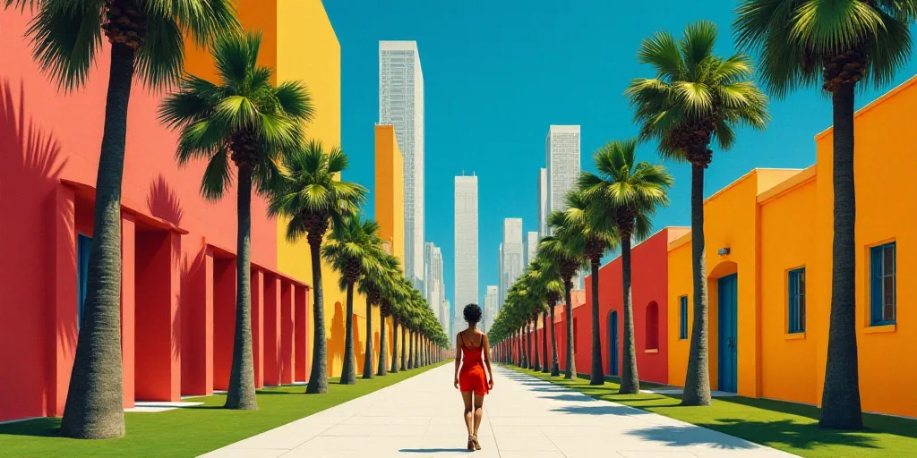 a woman walking down a street past tall buildings with palm trees in the foreground and a blue sky,