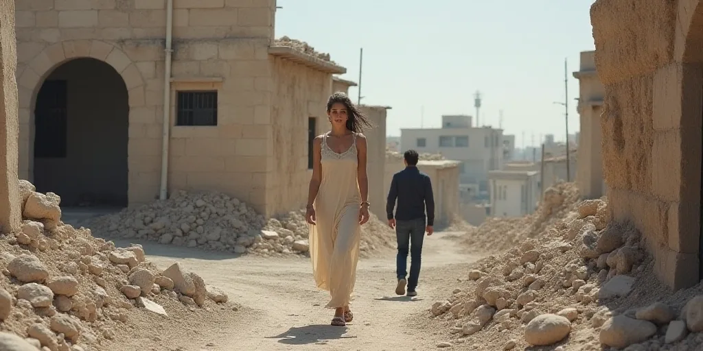 a woman walking through a rubble covered street with a building in the background and a man walking