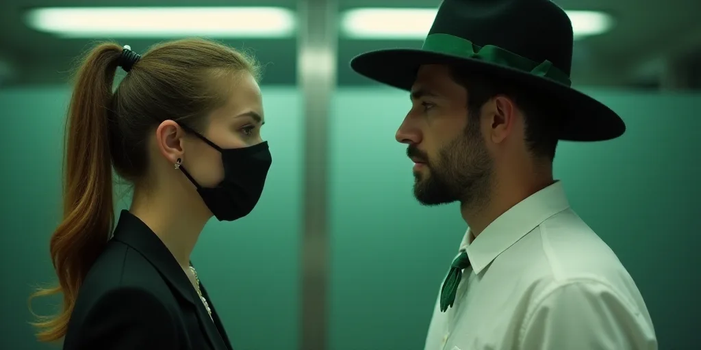 a woman wearing a face mask talking to a man in a white shirt and black hat and a green ribbon, Fay
