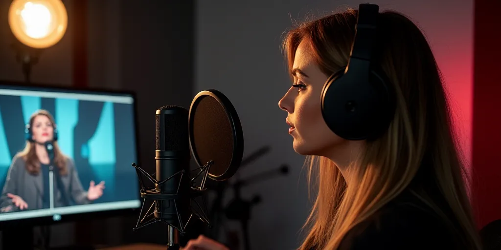 a woman wearing headphones is recording a video on a computer screen and recording a song on a micro