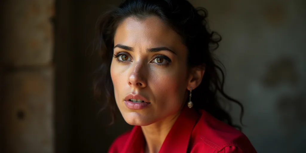 a woman with a black eyeliner and a red shirt is looking at something with a serious look on her fac