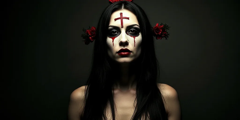 a woman with a mask on her head and a cross on her head, in front of a dark background, Altichiero,