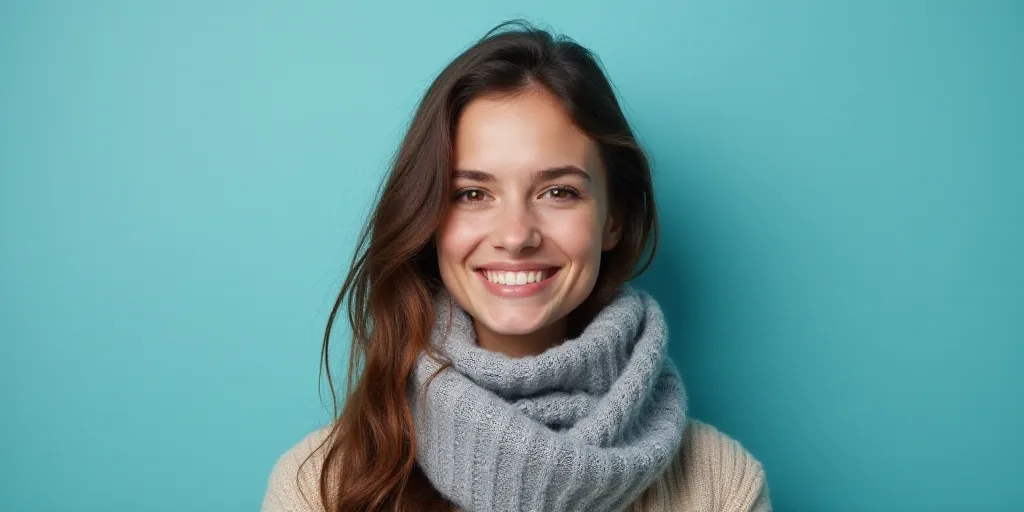 a woman with a scarf on her neck smiling at the camera with a blue background and a black and white