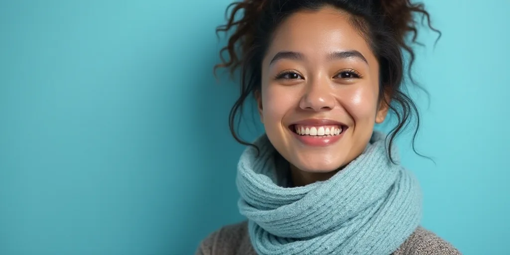 a woman with a scarf on her neck smiling at the camera with a blue background and a black and white