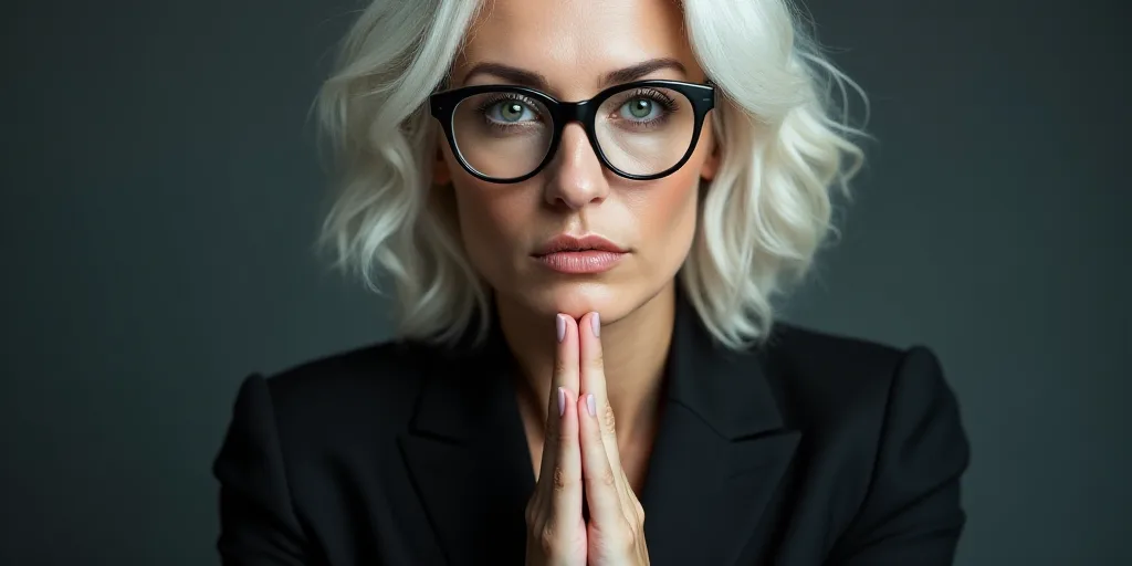 a woman with glasses is holding her hands together and looking at the camera with a serious look on