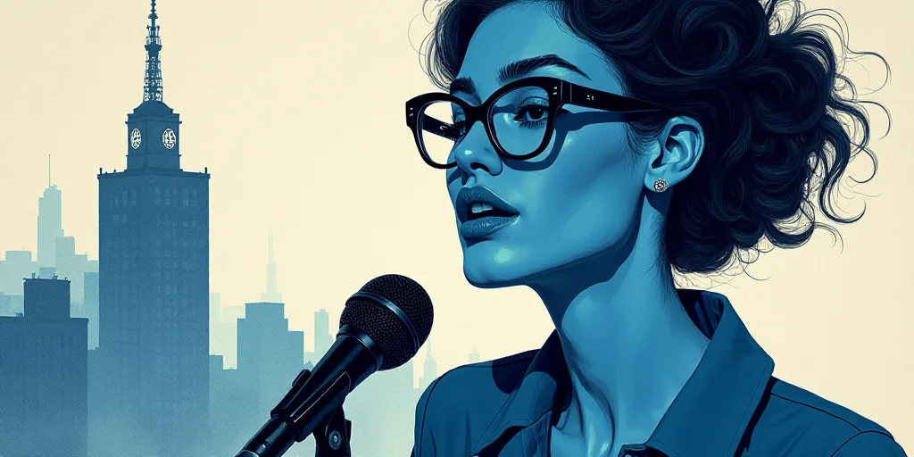 a woman with glasses is speaking into a microphone and a building with a radio tower in the backgrou