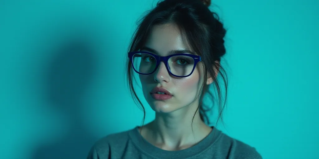 a woman with glasses standing in front of a blue background with a black and white photo of her face