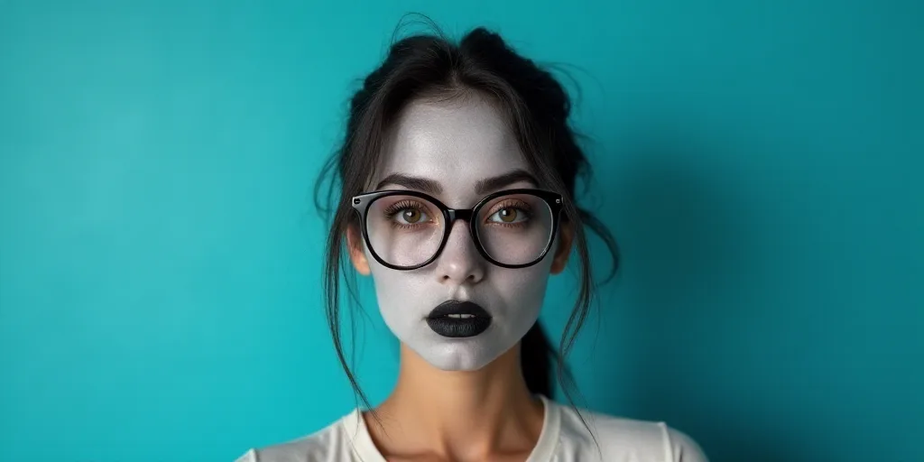 a woman with glasses standing in front of a blue background with a black and white photo of her face