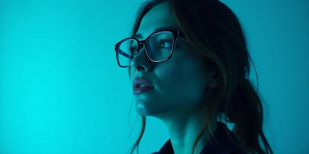 a woman with glasses standing in front of a blue background with a black and white photo of her face