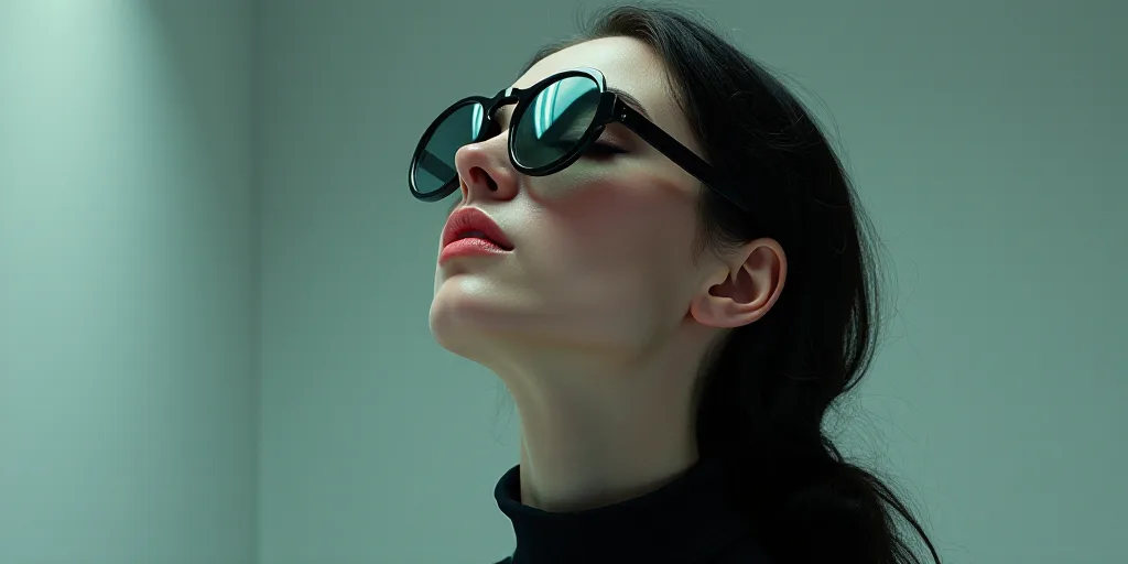 a woman with her eyes closed and a pair of sunglasses on her head, and a pair of glasses on her head