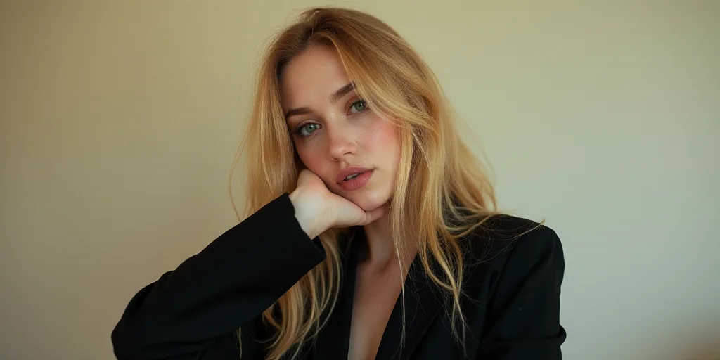 a woman with long blonde hair and a black jacket is posing for a picture with her hand on her chin,