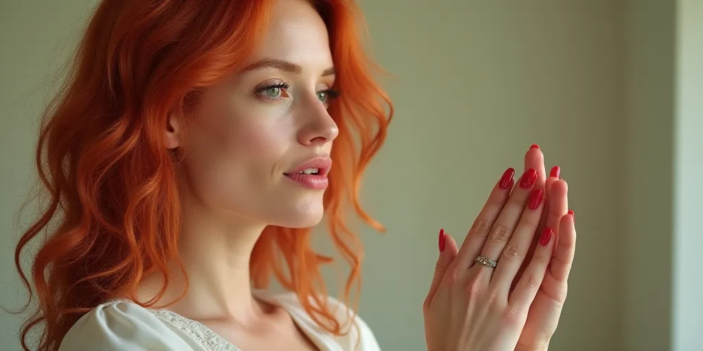 a woman with red hair and a ring on her finger clapping to someone else with her hand in her other h
