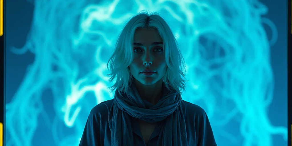 a woman with white hair and a scarf around her neck is standing in front of a blue background with a