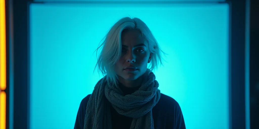 a woman with white hair and a scarf around her neck is standing in front of a blue background with a