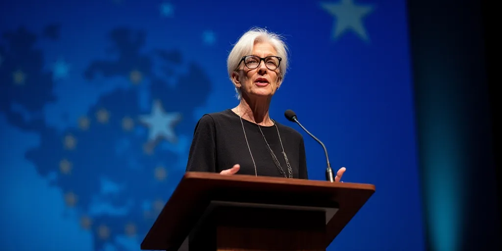 a woman with white hair and glasses speaking at a podium with stars on the wall behind her and a blu