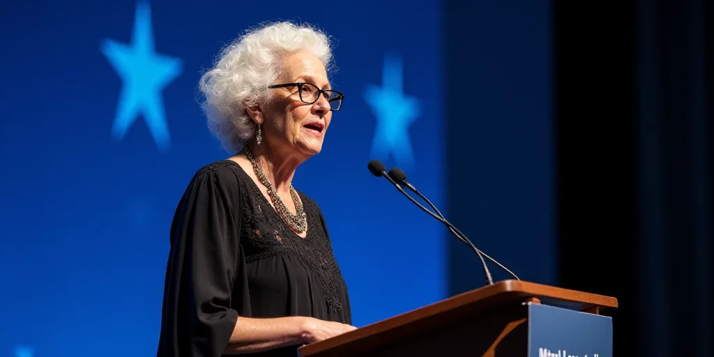 a woman with white hair and glasses speaking at a podium with stars on the wall behind her and a blu