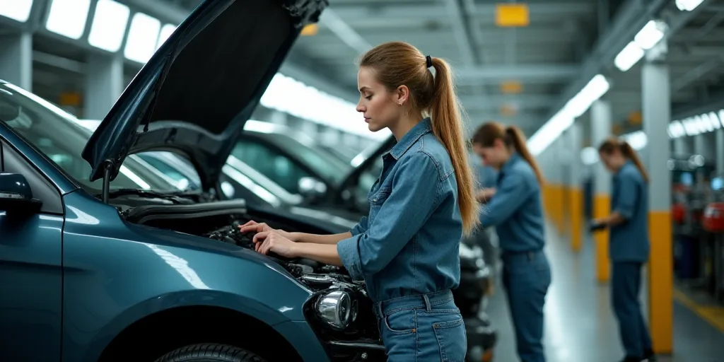 a woman working on a car in a factory with another woman working on the car in the background and an