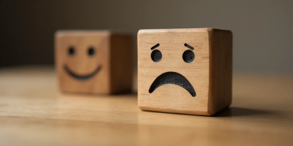 a wooden block with a sad face and a sad expression on it next to a wooden block with a sad face, An
