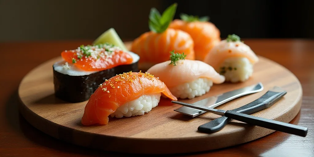 a wooden cutting board topped with sushi and other foods on top of it, with a knife and fork, Aya Go